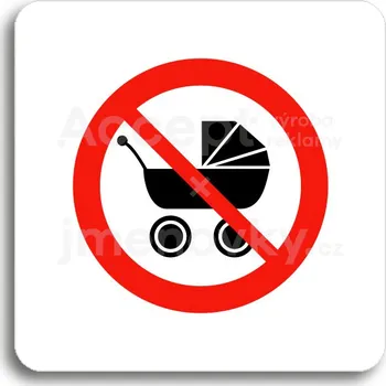 Informační tabulka Bílý piktogram "zákaz vstupu s kočárkem" s červeným textem bez rámečku&nbsp;-