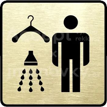 Informační tabulka Zlatý piktogram "šatna se sprchou muži" s černým&nbsp;textem a rámečkem&nbsp;-