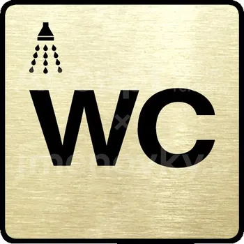 Informační tabulka Zlatý piktogram "sprcha, WC II" s černým&nbsp;textem a rámečkem&nbsp;-