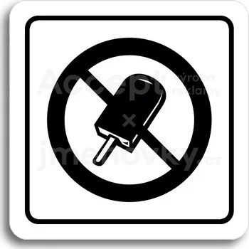 Informační tabulka Bílý piktogram "zákaz vstupu se zmrzlinou" s černým textem a rámečkem&nbsp;-