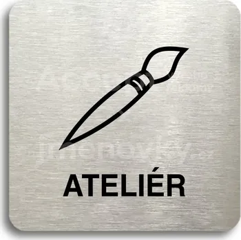 Informační tabulka Stříbrný piktogram "ateliér" s černým&nbsp;textem bez rámečku -