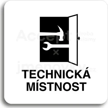 Informační tabulka Bílý piktogram "technická místnost" s černým textem bez rámečku&nbsp;-
