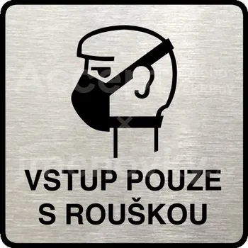 Informační tabulka Stříbrný piktogram "vstup pouze s rouškou II" s černým textem a rámečkem -