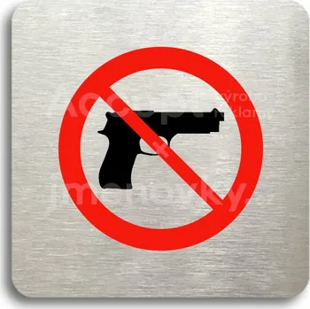 Informační tabulka Stříbrný piktogram "zákaz vstupu se zbraní" s červeným textem bez rámečku -