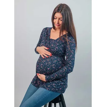 Elegantní těhotenská a kojicí halenka Gissa 3v1 – tmavě modrá s kvítky, dlouhý rukáv Velikost: M
