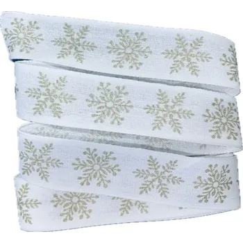 Stuha Vánoční stuha Frosted Snowflakes bílá 25mm x 2m (7,50 Kč/m) (Vánoční látková stuha bílá, jednostranný zlatý potisk, s vetkaným vlascem v okrajích)