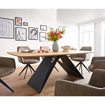 Jídelní stůl DELIFE Jídelní stůl Edge Boot 200x100x2,5 dub přírodní podnož ve tvaru V plochá ocel černá švýcarská hrana