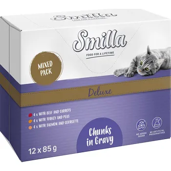 Krmivo pro kočku 12x85g Smilla Deluxe Frischebutel kousky v omáčce se zeleninou