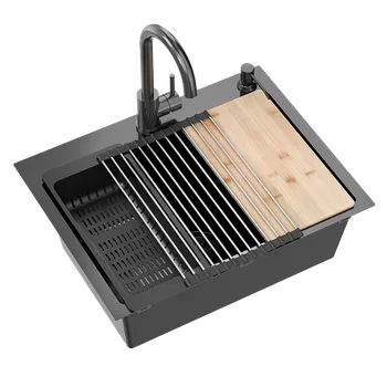 Nerezový dřez Kuchyňský nerezový dřez QUADRON LUKE 110 černá metalická s baterií a příslušenstvím 58x45x20 cm