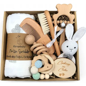 Dřevěné kousátko pro miminka, senzorické, s chrastítkem Baby Box, dřevo a tkanina – szary