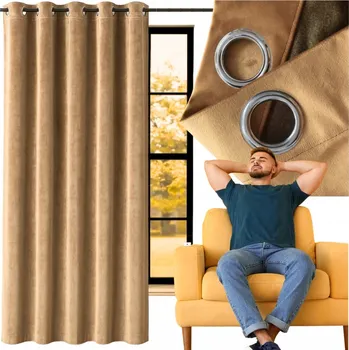 SILNÁ VELUROVÁ ZÁVĚS S KOLEČKY BÉŽOVÁ SAMET ZATEMŇOVACÍ HOTOVÁ