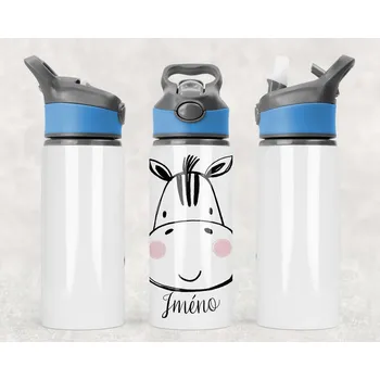 Sklenice Domovi Láhev s vlastním jménem Zebra s pítkem šedo modré barvy 650ml