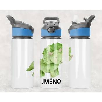 Sklenice Domovi Láhev s vlastním jménem Triceratops s pítkem šedo modré barvy 650ml