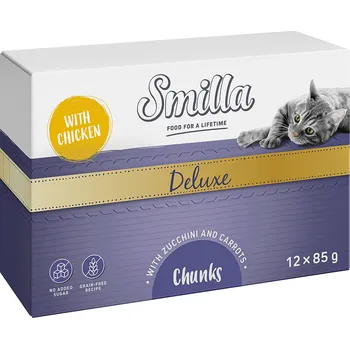 Krmivo pro kočku 12x85g Smilla Deluxe kousky v omáčce - s kuřecím, cuketou a mrkví