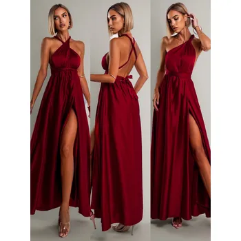 Dámské šaty Bordó saténové šaty VALERDI s variabilním vázáním a rozparkem Velikost: ONESIZE