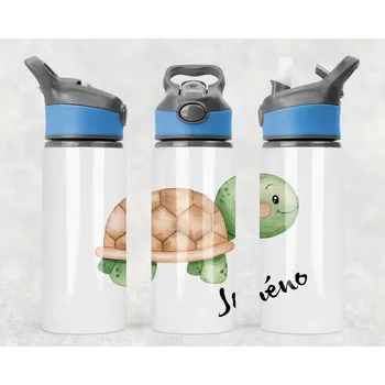 Sklenice Domovi Láhev s vlastním jménem Želva s pítkem šedo modré barvy 650ml