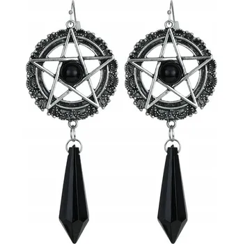 Náušnice NÁUŠNICE SATANISTICKÉ GOTICKÉ STŘÍBRNO-ČERNÉ PENTAGRAM DOPLNĚK HALLOWEEN
