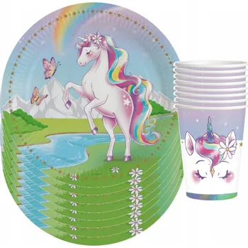 Talíř Sada Jednorožec Talíře Kelímky Narozeniny, pro 8 osob, 16 dílů