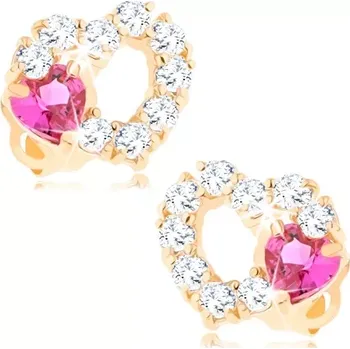 Náušnice Náušnice ze 14K zlata - obrys srdce s čirými zirkony a růžovým srdíčkem