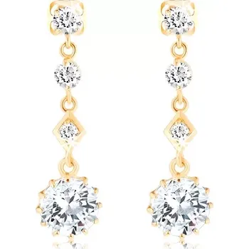 Náušnice Visací zlaté náušnice 585 - čtyři blýskavé zirkony čiré barvy, puzetky