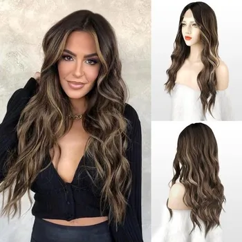Barva na vlasy FESHFEN Dlouhé vlnité paruky, krajka přední paruka Střední dělicí dámské vlny syntetické vlasy