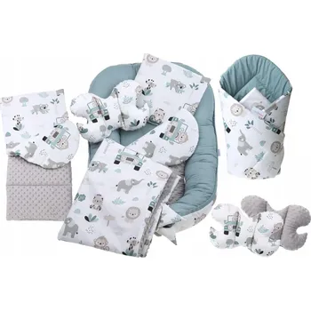 Povlečení Oboustranné hnízdečko (kokon) pro miminko - BABYMAM PREMIUM set 7v1 - Na safari s šedou minky