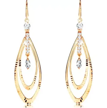 Náušnice Náušnice ze žlutého 14K zlata - svislá linie čirých zirkonů, dvojitý obrys slzy