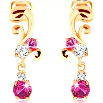 Náušnice Náušnice ve žlutém 14K zlatě - blýskavý ornament s čirými a růžovými zirkony