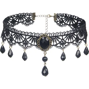 Erotická ozdoba SuperLove Vintage Lace Gemstone Bead Pendant Choker Black