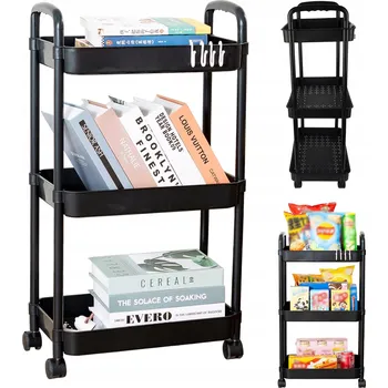 regál MOBILNÍ REGÁL SE 3 POLICEMI A 4 OTOČNÝMI KOLEČKY O 360° - ČERNÝ - DO KUCHYNĚ, KOUPELNY NEBO KANCELÁŘE