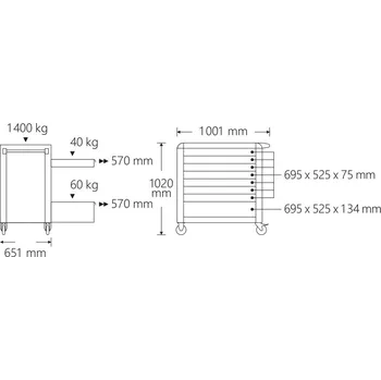 Stahlwille Vozík na nářadí 98/8 PRO 8 zásuvek 651 x 1001 x 1020 mm červený, RAL 3020; černý RAL 9005