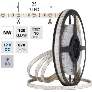 LED páska LED pásek SMD2835 NW, 120LED/m, 9,6W/m, DC 12V, 870lm/m, CRI90, IP68, 10mm, 5m