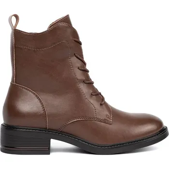 Dámská zimní obuv Hnědé šněrovací kotníkové boty s nízkým podpatkem