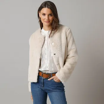 Dámský kabát Bunda z umělé kožešiny béžová 48