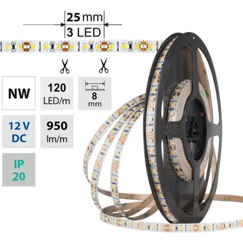 LED páska LED pásek SMD2835 NW, 120LED/m, 9,6W/m, DC 12V, 950lm/m, CRI90, IP20, 8mm, 5m