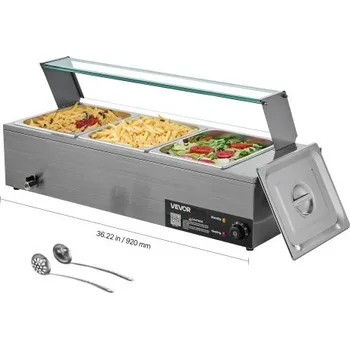 Ohřívač a sterilizátor Komerční ohřívač jídla VEVOR, elektrický parní ohřívač jídla z nerezové oceli s výkonem 1500 W a skleněným krytem, ​​3pánvový stojanový vodní lázeň s polévkou a perforovanými naběračkami, pro catering, restaurace a večírky