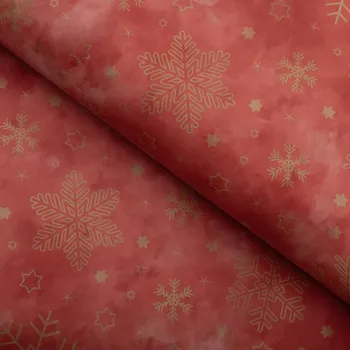 ubrus Vánoční PVC ubrus Zlaté vločky na cihlově červeném PV-188 - metráž š. 140 cm