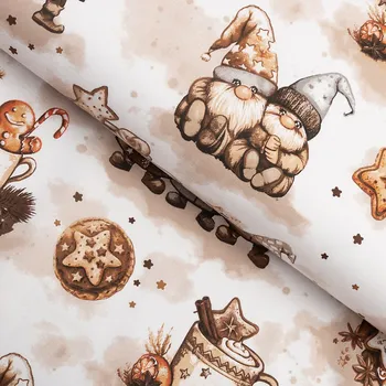 Sandra Vánoční bavlněná látka Hnědí skřítci s perníčky na bílém - šířka 160 cm