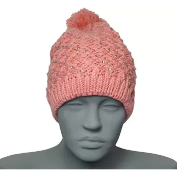 Zimní čelenka Dámská zimní čepice s bambulí a kamínky - růžová