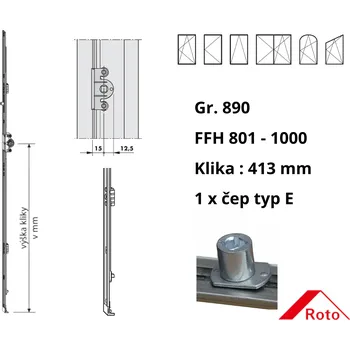 Dveřní kování Převodová lišta Roto NT konstantní D15 Velikost (Gr.) / Výška křídla (FFH): 890 / 801-1000, Výška kliky (mm): 413, Počet čepů / Typ čepů: 1 / E 259836