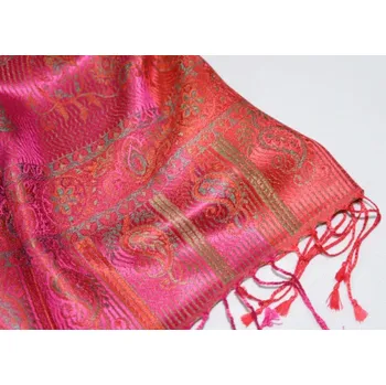 Šála Hedvábná šála Jamawar střední - Růžová a červená s ornamenty 3