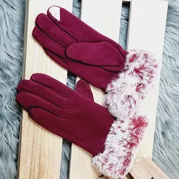 Rukavice Zateplené rukavice s kožíškem, vhodné i pro dotykové telefony - vínová
