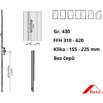Příslušenství k oknu Převodová lišta Roto NT variabilní D15 Velikost (Gr.) / Výška křídla (FFH): 430 / 310-620, Výška kliky (mm): 155-225, Počet čepů / Typ čepů: 0-bez čepů 259717