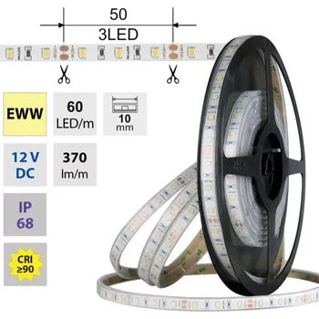 LED páska LED pásek SMD2835 EWW, 60LED/m, 4,8W/m, DC 12V, 370lm/m, CRI90, IP68, 10mm, 5m