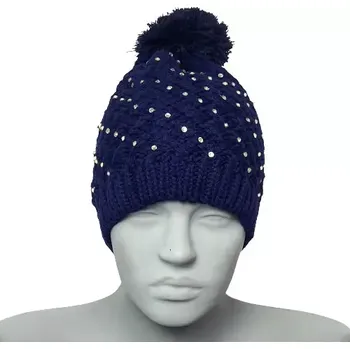 Zimní čelenka Dámská zimní čepice s bambulí a kamínky - modrá