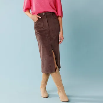 Dámská sukně Dlouhá manšestrová sukně, pro malou postavu čokoládová 46