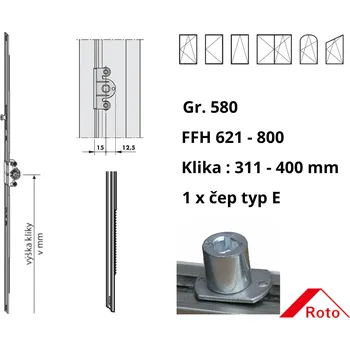 Dveřní kování Převodová lišta Roto NT variabilní D15 Velikost (Gr.) / Výška křídla (FFH): 580 / 621-800, Výška kliky (mm): 311-400, Počet čepů / Typ čepů: 1 / E 259719
