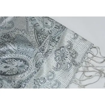 Šála Hedvábná šála Jamawar střední - stříbrná, černá a blankytně modrá s ornamenty 4