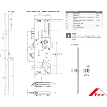 zadlabací zámek Lištový zámek Roto C600 4V Dorn (dornmass): 45, Ořech (čtyřhran): 8, Výška dveří (FFH): 1900 - 2200 776506