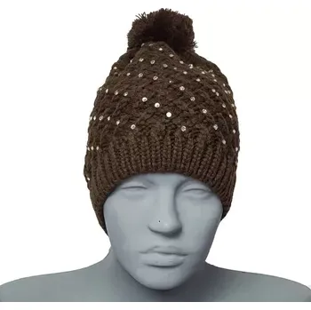 Zimní čelenka Dámská zimní čepice s bambulí a kamínky - hnědá